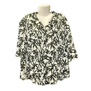 Westbound Women's Tropical Leaves Black/White 3/4 Sleeve Blouse Linen SZ 24W